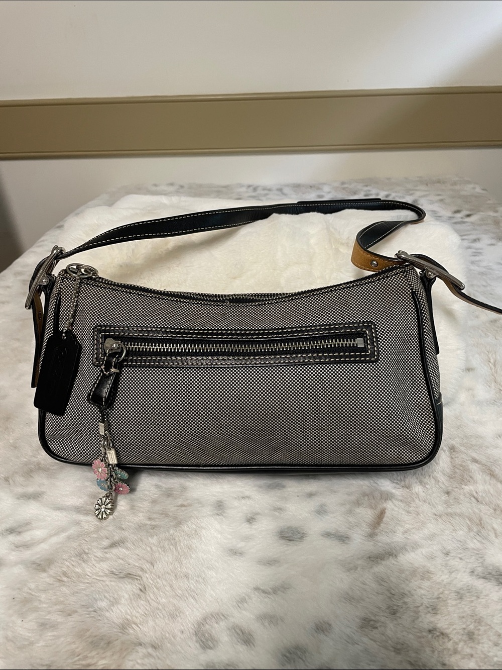 Coach Woven and Leather Black and gray w/ flower bag charm